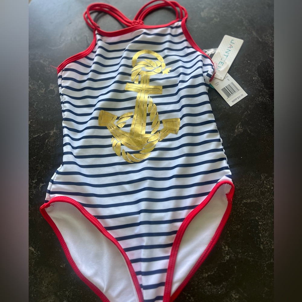 NWT Jantzen girls red, white & blue striped anchor 1 piece bathing suit size 8